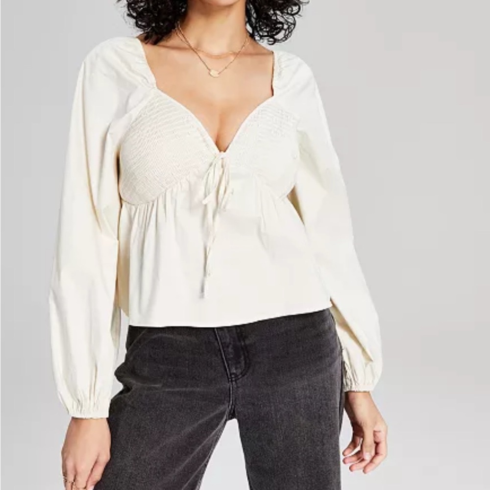 And now this Elegant Cream long sleeve Blouse with Gathered Front size M
